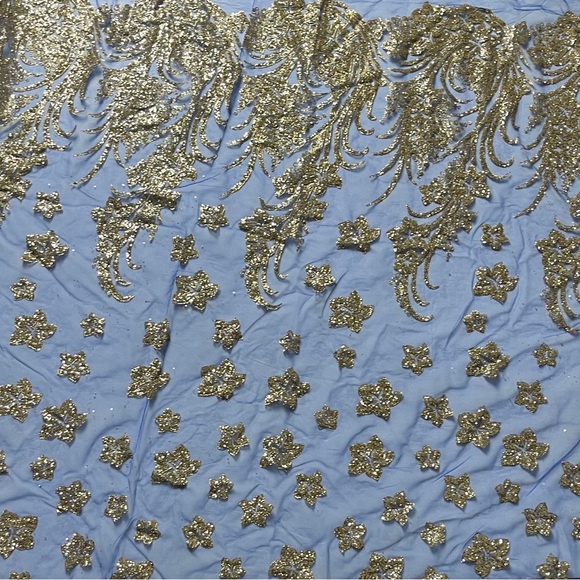 Blue and Gold Metallic Appliqué Star Print Sheer Mesh Fabric - Picture 5 of 5